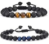 HSAJS Ajustables Pierre Naturelle Œil Tigre Bleu Cordon Tressé Perles Rondes 8mm Bijoux Unisexe