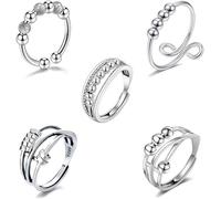 HSAJS Anneaux Anti Anxiété En Argent Sterling 925 Bagues Ajustables Avec Perles Mobiles Bijoux Femme Lot De 5 Anneaux Anti Stress Bijoux De Mode Pour Femmes Bagues De Détente Et Relaxation