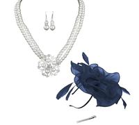 HSAJS Bibi Fascinator Fleur Organza Barrette Cheveux Collier Perles Boucles Oreilles Parure Bijoux Accessoires Coiffure Cérémonie Mariage