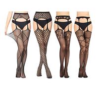 HSAJS Collant Femme Porte Jaretelles Sexy Résille Motif Floral Bas Autofixants Réseau Maille Filet Fantaisie Jarretelle Élégant Confortable Haute Qualité Durable