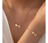 HSAJS Ensemble Bijoux Lettre M Cœur Collier Bracelet Chaîne Charme Pendentif Initial Personnalisé Parure Bijouterie Femme