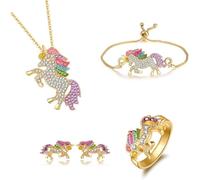 HSAJS Ensemble Bijoux Licorne Cristal Multicolore Collier Bracelet Bague Boucles D'oreilles Fantaisie Strass Brillant Accessoires Féérique