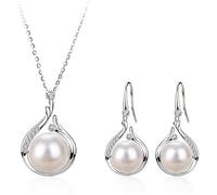 HSAJS Ensemble Bijoux Perle Goutte Élégant Collier Pendentif Boucles D'oreilles Argent Brillant Cristal Accessoires Femme