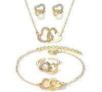 HSAJS Parure Bijoux Coeurs Entrelacés Cristal Collier Bracelet Bague Boucles D'oreilles Ensemble Élégant Romantique Brillant
