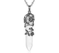 HSAJS Pendentif Cristal Noir Pointe Hexagonale Motif Floral Vintage Collier Ajustable Chaîne Acier Inoxydable Amulette Bijou Femme