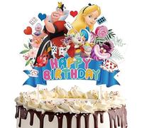 HSC Décoration de gâteau d'anniversaire Alice au pays des merveilles avec 4 personnages (Alice/Reine/Lapin/chat), design coloré, cartes de poker, théière, lettres « Happy Birthday » - 1 pièce