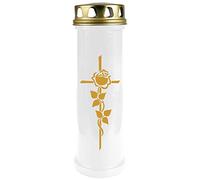 HScandle Bougie funéraire (blanc) - Durée de combustion : env. 100 h - Brûleur de 4 jours (couvercle et impression doré) - Motif croix de rose, disponible dans de nombreuses variantes