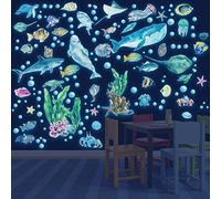 HSDSH Autocollants Lumineux Vie Marine Stickers Muraux sous la Mer Baleine Dauphin Poissons Fluorescent Autocollant pour Chambres d'enfants Décoration de Plafond Bleu
