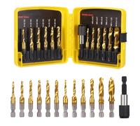 HSEAMALL Lot de 13 pièces jeu de tarauds, forets combinés tarauds jeu de mèches 6 mm HSS M3-M10 jeu de filières SAE 6-32NC jusqu'à 1/4-20NC pour perçage, taraudage et fraisage fer, aluminium, cuivre