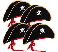 Hsei 4 Pièces Chapeau de Pirate Classique Crâne Imprimer Capitaine Pirate Costume Cap pour Halloween Mascarade Parti Cosplay Chapeau Prop