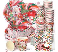 Hsei Lot de 250 assiettes de fête de Noël pour 50 personnes | Vaisselle jetable de style rétro, assiettes à dessert, tasses, serviettes, fête prénatale, anniversaire, fête prénuptiale