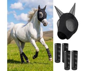 Hsei Mule Masque anti-mouches pour cheval avec bottes anti-mouches et oreilles Respirant Grand modèle pour poney miniature poulain brouillon Cob Srabian âne animal de compagnie de la ferme