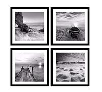 HSFFBHFBH Impression sur Toile Photo Noir et Blanc sur la Plage Paysage Marin Peinture mer Bateau Coucher de Soleil Mur Art Photos décor Peinture 20x20 cm (7.8 "x 7.8") x4 sans Cadre
