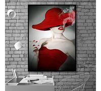 HSFFBHFBH Moderne Noir et Blanc Sexy Fumeurs Femmes avec Chapeau À Lèvres Rouge Peinture sur Toile Mur Art Photos pour Salon Décor À La Maison 60x80cm (24 "x32) sans Cadre