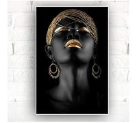 HSFFBHFBH Peintures sur Toile Style Moderne Femme Africaine doré Noir scandinave Affiche et Impression pour Salon décoration Murale Art 50x70cm (20"x28) avec Cadre
