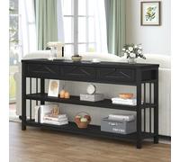 HSH Table Console Meuble avec 3 Tiroirs Table d'entrée étagère Rangement Arrière Canapé en Bois Rustique et Métal pour Salon Couloir 34 x 140 x 81 cm Chêne Noir