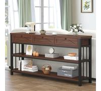 HSH Table Console Meuble avec 3 Tiroirs Table d'entrée étagère Rangement Arrière Canapé en Bois Rustique et Métal pour Salon Couloir 34 x 140 x 81 cm Noyer