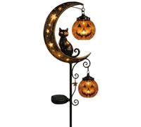 HshDUti Lampe solaire d'Halloween en forme de chat noir et citrouille sur piquet en forme de lune, décoration de jardin solaire en métal étanche avec chat noir, lumières pour terrasse, cour, pelouse