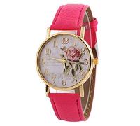 HshDUti Montre-bracelet analogique à quartz pour femme avec cadran rond et bracelet en cuir synthétique Motif rose Rouge