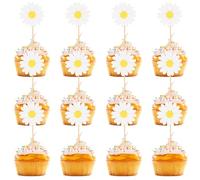Hshenjhu 12 Pièces Fleurs De Marguerite Topper Décoration Gateau,Marguerites Décoratives Fleurs de Décoration de gâteau, Mini Décors de Marguerites,pour Bricolage,Artisanat,Fête,Blanc