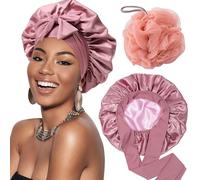 Hshenjhu Bonnet Satin Cheveux Nuit Set, Bonnet de Satin Doux et Confortable avec Boule de Bain, Hat de Nuit Reglable avec Long Ruban, pour Femmes Longs Cheveux Frisés, Rouge