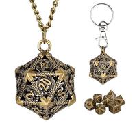 Hshenjhu Mini Set de Dés DND avec Porte Clés Portable, Collier, Cage Métallique Creuse en D20 Dragon, Mini Set Polyédrique en Métal de 7 Pièces, Accessoires de Jeux de Société de Rôle, Bronze