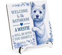 HSIASHENG Chinoiserie Westie Décoration de salle de bain en bois 12,7 x 12,7 cm, « Welcome to the Bathroom a Westie Will Be With », panneau amusant en bois bleu et blanc pour décoration d'étagère de