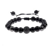 Hsitgexf Bracelet en obsidienne noire de 8 mm avec oxyde de zirconium - Onyx noir givré - Avec cordon réglable en macramé - Cadeau pour homme et femme (noir)