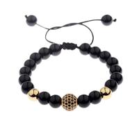 Hsitgexf Bracelet en obsidienne noire de 8 mm avec oxyde de zirconium - Onyx noir givré - Bracelet avec cordon réglable en macramé - Cadeau pour homme et femme (doré)