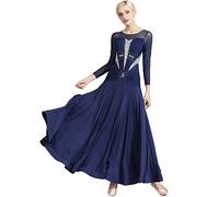 HSJFS Robes de Danse de Salon à Manches Longues pour Femmes Déguisement Valse Tango Robe de Concours Moderne Salsa Jupes trapèze,Dark Blue,XXL