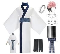 HSJZBQSM Ryomen Sukuna Costume de cosplay avec perruque, anneau et autocollant de tatouage, ensemble kimono blanc pour Halloween, tenue de cosplay d'anime (blanc + perruque, XL)