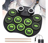 HSKJTT Kit De Batterie Électrique Portable, Mini Tambour Électronique Enroulable avec Lumière Clignotante Et Bluetooth pour Instrument De Percussion Débutant Adulte, Icon Edition, Black Green