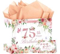 HSKMAKE Grand sac cadeau pour 75e anniversaire, sac cadeau floral rose avec carte et papier de soie, décorations de fête d'anniversaire de 75 ans pour femme, mère, soixante-quinzième anniversaire