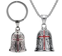 HSKRKOW 2 Pièces Clochette Moto Guardian Ride Bell Set, Porte Clé Moto Et Collier,Guardian Bell Acier Inoxydable Argent,Acier Inoxydable Moto En Forme D'Ange Gardien À Suspendre,Moto Cyclisme(Rouge)