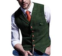 HSLS Gilet à carreaux pour hommes gilet de costume en laine décontracté tweed à chevrons(L,Vert)