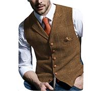 HSLS Gilet à carreaux pour hommes gilet de costume en laine décontracté tweed à chevrons(XL,Brun)