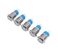 Hsthe Sea 5 PCS 16mm Interrupteur à Bouton-Poussoir à Verrouillage en métal, Interrupteur étanche Rond à Verrouillage Automatique à 4 Broches avec lumière LED Bleue