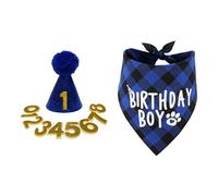 Hsthe Sea Fournitures de Joyeux Anniversaire pour Animaux de Compagnie, avec 8 Chiffres Scintillants, Chapeau Bandana à Carreaux pour Chiens de Petite, Moyenne et Grande Taille (Bleu)