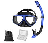 HSTWODE Masque de plongée optique de 0 à -8.0 pour adultes - Kit complet avec tube respiratoire sec, bouchons d'oreilles en silicone et sac de transport - Idéal pour la plongée avec tuba (noir/bleu