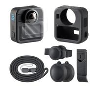 HSU Coque Silicone Protections d’écran, Kit d'Accessoires pour GoPro Max 2 | Coque en Silicone avec Caches Objectifs, 2 protections d’écran en Verre Trempé, Porte Latérale de Batterie et Sangle Réglable
