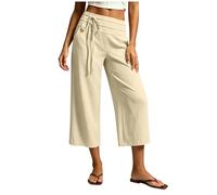HSUAYEUD Pantalon D'été Femme Ample Taille en Tissu Léger avec Ceinture Nouée Coupe Large Et Longueur Sept Huitièmes Style Décontracté pour Toutes Saisons