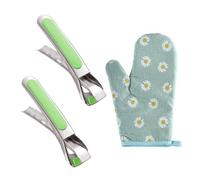 HSUYUN Pince pour Air Fryer, 2 Pinces en Acier Inoxydable (Vert) + Gants Anti-Brûlure, Poignée Ergonomique pour Bols, Plats, Platines