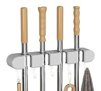 HSUYUN Range Balai Mural, Autocollant Porte Balais Mural, Gris Support Balai, Pas de Perçage Nécessaire, 4 Clips et 5 Crochets Support Mural Balai, pour la Cuisine, le Garage, le Jardin, le Balcon