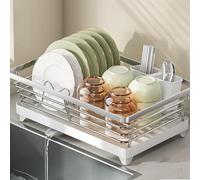 HSUYUN Seche Vaisselle sur Evier, Egouttoir Vaisselle Blanc Peu Encombrant, Egouttoir Vaisselle INOX, avec Porte-Baguettes et égouttoir, pour Assiettes, Bols, Baguettes et Tasses