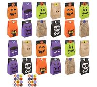 HSYWSH 24 Pièces Halloween Sacs en Papier, Halloween Sac de Bonbons avec 24 Autocollants, Pochette Cadeau Halloween, Sachet Papier Kraft pour Bonbons,Biscuits,Noix,Halloween Decoration (MulticoloreA)