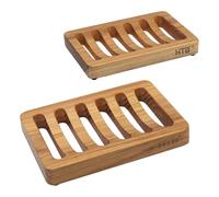 HTB - Lot de 2 porte-savon en bois de teck à fente - Porte-éponge de cuisine auto-drainant pour douche, évier, salle de bain, baignoire, camping-car