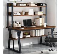 HTDRE Platzsparender Computertisch mit Aufsatz, Schreibtisch mit Metallgestell und Bücherregal, robuster Arbeitsplatz für Homeoffice, Ideal für Schlafzimmer Oder Studentenwohnheim, einfache Montage