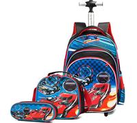 HTgroce Cartable a Roulette Enfant 16 inch Sac à Dos avec roulettes, 3 en 1 Sac a Roulette Maternelle Bagages Cabine Loisir Voyage Enfant Fille Garçon Primaire Maternelle Rouge Cars 3 pièces.