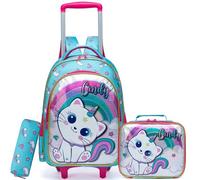 HTgroce Cartable a Roulette Fille CP, Chat Sac Dos roulettes pour Filles, Sac a Roulette Fille pour Primaire