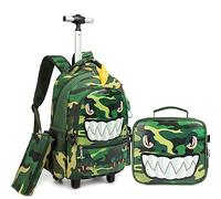 HTgroce Cartable à Roulette pour Garçons Primaire, 3 in 1 Sac avec Roues, Bagages De Voyage avec Sac À Lunch Et Étui À Crayons - Dinosaures